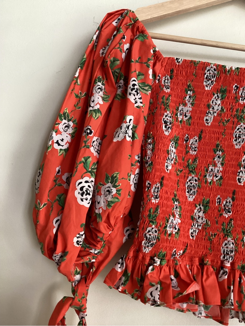 Caroline Constas Floral Print Top Small Smocked Peplum Blouse Red Orange - Picture 5 of 14